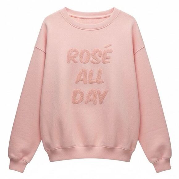 Green Tea Sweaters - Green Tea Rosé All Day Pink Graphic Sweatshirt Large L Pullover Crewneck Fuzzy